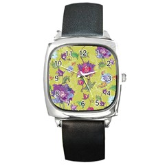 Blue Purple Floral Pattern Square Metal Watch by designsbymallika