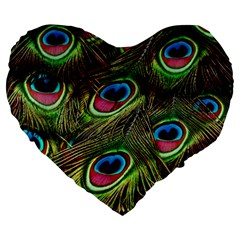 Peacock-feathers-color-plumage Large 19  Premium Flano Heart Shape Cushions by Celenk