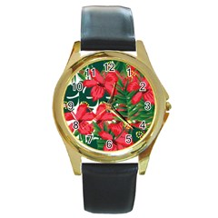 Tulips Design Round Gold Metal Watch by designsbymallika