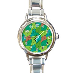 Leaves Pattern Autumn Background Round Italian Charm Watch by Ravend
