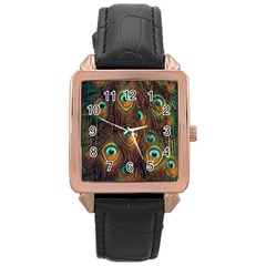 Peacock Feathers Rose Gold Leather Watch 