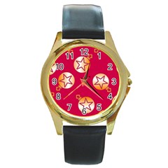 Orange Ornaments With Stars Pink Round Gold Metal Watch