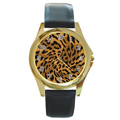 Leopard Print Jaguar Dots Brown Round Gold Metal Watch by ConteMonfreyShop