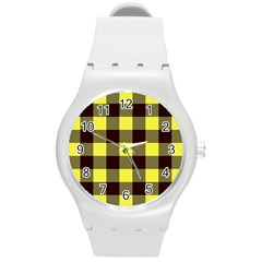 Black And Yellow Big Plaids Round Plastic Sport Watch (m)