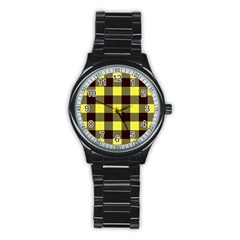 Black And Yellow Big Plaids Stainless Steel Round Watch
