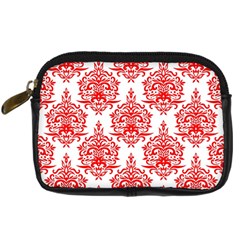 White And Red Ornament Damask Vintage Digital Camera Leather Case by ConteMonfrey