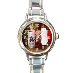 Merry Christmas - Santa Claus Holding Coffee Round Italian Charm Watch by artworkshop