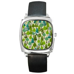 Seamless-forest-pattern-cartoon-tree Square Metal Watch by nateshop