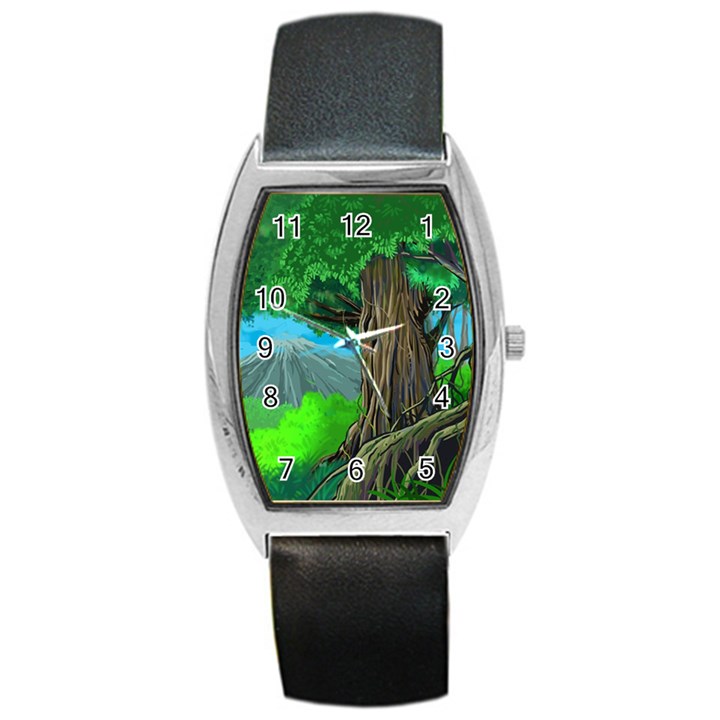 Green Forest Tropical Jungle Tree Wood Nature Barrel Style Metal Watch