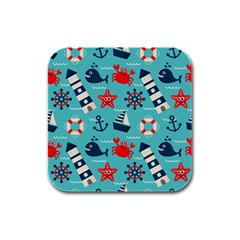 Seamless-pattern-nautical-icons-cartoon-style Rubber Square Coaster (4 Pack) by Jancukart