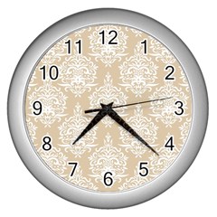 Clean Brown And White Ornament Damask Vintage Wall Clock (silver) by ConteMonfrey