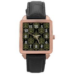 Black And Green Ornament Damask Vintage Rose Gold Leather Watch  by ConteMonfrey