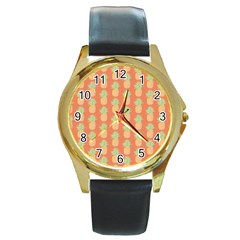 Pineapple Orange Pastel Round Gold Metal Watch by ConteMonfrey