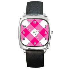Pink And White Diagonal Plaids Square Metal Watch by ConteMonfrey