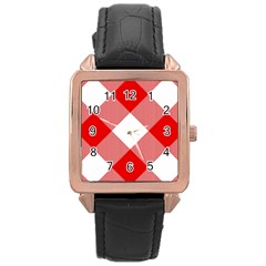 Red And White Diagonal Plaids Rose Gold Leather Watch  by ConteMonfrey