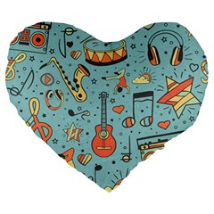 Seamless-pattern-musical-instruments-notes-headphones-player Large 19  Premium Heart Shape Cushions by Wegoenart