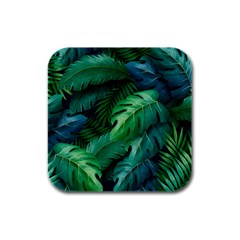 Tropical Green Leaves Background Rubber Square Coaster (4 Pack) by Wegoenart