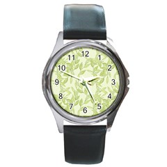 Watercolor Leaves On The Wall  Round Metal Watch by ConteMonfrey