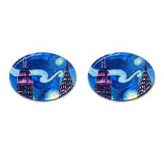 Starry Night In New York Van Gogh Manhattan Chrysler Building And Empire State Building Cufflinks (oval) by danenraven