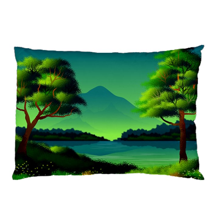 Green Landscape Illustration Nature Pillow Case