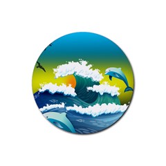 Dolphin Seagull Sea Ocean Wave Blue Water Rubber Round Coaster (4 Pack) by Wegoenart