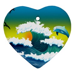 Dolphin Seagull Sea Ocean Wave Blue Water Heart Ornament (two Sides) by Wegoenart