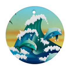 Dolphin Seagull Sea Ocean Wave Ornament (round) by Wegoenart