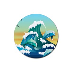 Dolphin Seagull Sea Ocean Wave Rubber Coaster (round) by Wegoenart