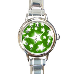 Snowflakes And Star Patterns Green Stars Round Italian Charm Watch by artworkshop