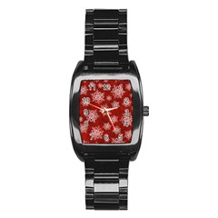 Snowflakes And Star Patternsred Snow Stainless Steel Barrel Watch by artworkshop