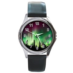 Aurora Borealis Northern Lights Forest Trees Woods Round Metal Watch by danenraven