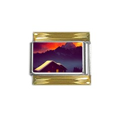 Cabin Mountains Snow Sun Winter Dusk Gold Trim Italian Charm (9mm) by Pakemis