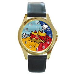 Pow Word Pop Art Style Expression Vector Round Gold Metal Watch by Pakemis