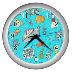 Colored-sketched-sea-elements-pattern-background-sea-life-animals-illustration Wall Clock (silver)