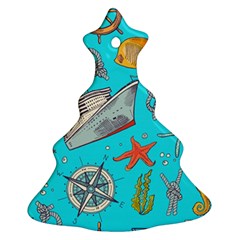 Colored-sketched-sea-elements-pattern-background-sea-life-animals-illustration Christmas Tree Ornament (two Sides)