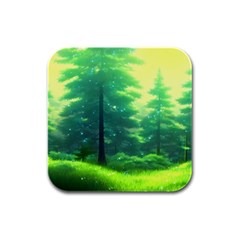 Anime Forrest Nature Fantasy Sunset Trees Woods Rubber Square Coaster (4 Pack) by Uceng