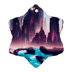Urban City Cyberpunk River Cyber Tech Future Snowflake Ornament (two Sides) by Uceng
