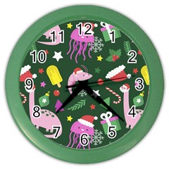 Dinosaur Colorful Funny Christmas Pattern Color Wall Clock by Uceng
