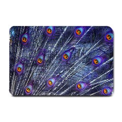 Peacock-feathers-color-plumage Blue Small Doormat by danenraven