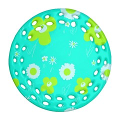 Daisy Flowers Lime Green White Turquoise  Round Filigree Ornament (two Sides) by Mazipoodles