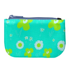 Daisy Flowers Lime Green White Turquoise  Large Coin Purse by Mazipoodles