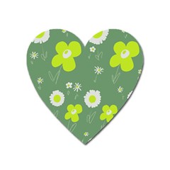 Daisy Flowers Lime Green White Forest Green  Heart Magnet