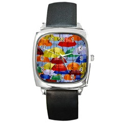 Umbrellas Colourful Square Metal Watch by artworkshop