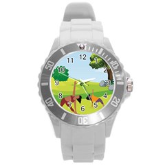 Mother And Daughter Yoga Art Celebrating Motherhood And Bond Between Mom And Daughter  Round Plastic Sport Watch (l)