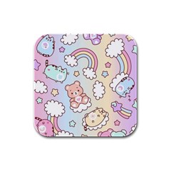 Pusheen Carebears Bears Cat Colorful Cute Pastel Pattern Rubber Square Coaster (4 Pack)