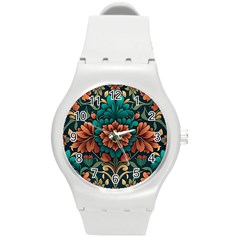 Flower Pattern Modern Floral Round Plastic Sport Watch (m) by Ravend