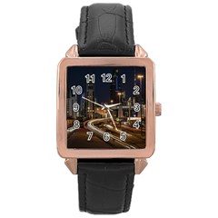 Skyscrapers Buildings Skyline Rose Gold Leather Watch 