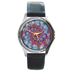 Fractals Abstract Art Cyan Spiral Vortex Pattern Round Metal Watch