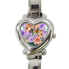 Cheerful And Captivating Watercolor Flowers Heart Italian Charm Watch by GardenOfOphir