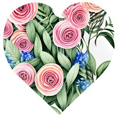 County Charm – Watercolor Flowers Botanical Wooden Puzzle Heart by GardenOfOphir
